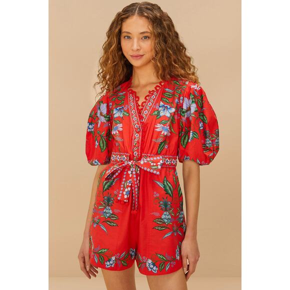Farm Rio Red Sweet Bloom Bouquet Romper size M medium - Picture 6 of 6